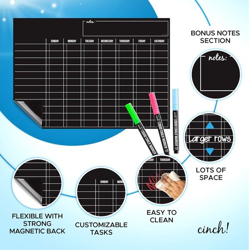 Cinch Magnetic Dry Erase Board - Family Chore Chart with 6 Markers | 17x12 Black Fridge Organizer
