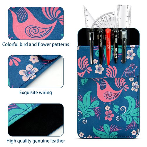 Leather Pocket Protector for Men: 2 Pack Multi Purpose pocket protectors for shirts - Floral and Bird Pattern Pocket Protector for Lab Coats | Pocket Pen Holder Accommodates Work Tools Such as Pens