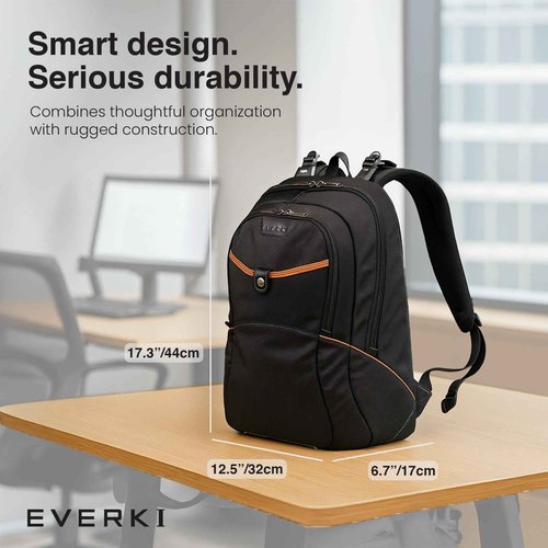 EVERKI Glide 17.3 Inch Laptop Backpack for Men & Women - Heavy-Duty, Water-Resistant Bookbag with Reflective Strips for College, Travel or Motorcycle (Black, EKP129)