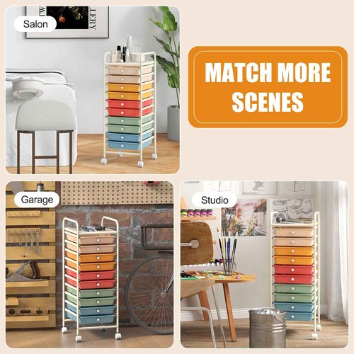 HOMGX Storage Cart with 10 Drawers, 10 Tiers Rolling Drawer Cart with 2 Lockable Wheels, Slim Rolling Storage Cart for Office/School/Home, Macaron