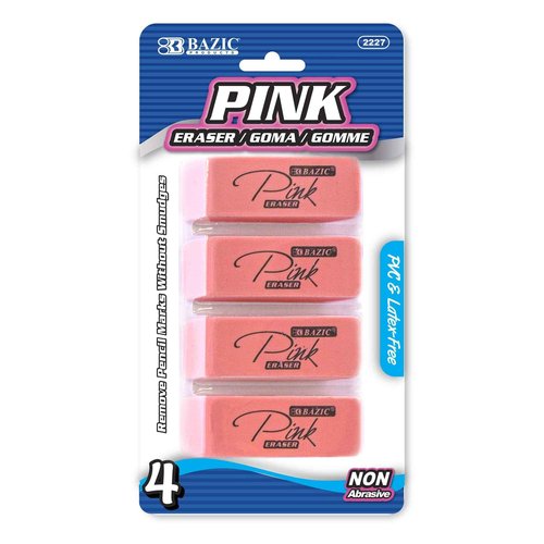 BAZIC Products Pink Eraser, Latex Free Bevel Erasers, Large Size Block Erasers for Art Drawing School Office Kids Teachers (4/Pack), 72-Packs