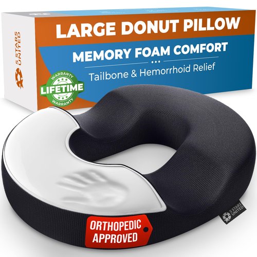 5 STARS UNITED Donut Pillow Hemorrhoid Tailbone Cushion – Large Cushion for Pain Relief – Coccyx, Prostate, Sciatica, Pelvic Floor, Pressure Sores, Pregnancy, Postpartum Recovery, Black