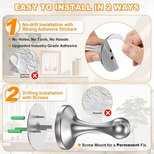 Crosize Magnetic Door Stoppers - 4 Pack Stainless Steel Wall & Floor Mounting | No Drilling, Silver