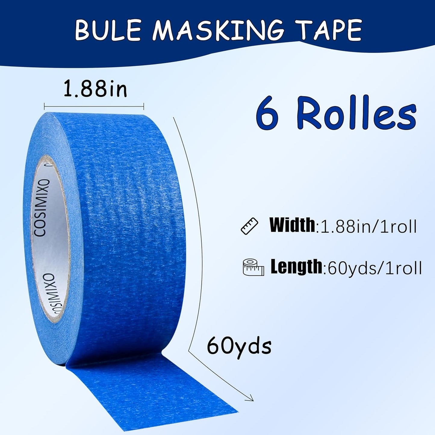 COSIMIXO Blue Painters Tape - Professional Grade 1.88 in x 60 Yds, 6 Rolls Pack | Residue-Free & Multi-Surface Use