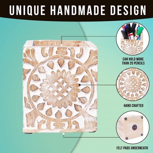Mela Artisans Wooden Pen Jar (Whitewash), “Ajenta” Pen Holder for Desk – Wooden Desk Organizer, Art Supplies & White Pencil Cup for Office, & Home – Decorative Desk Supplies, 3.5” x 3.5” x 4”