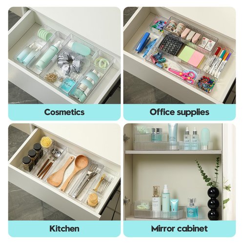 Swuj Clear Drawer Organizer Bins 7 pc Set, 4-Size Stackable Trays for Makeup Vanity Drawers, Bathroom Drawer Organizer Storage Containers for Cosmetic, Office Supplies