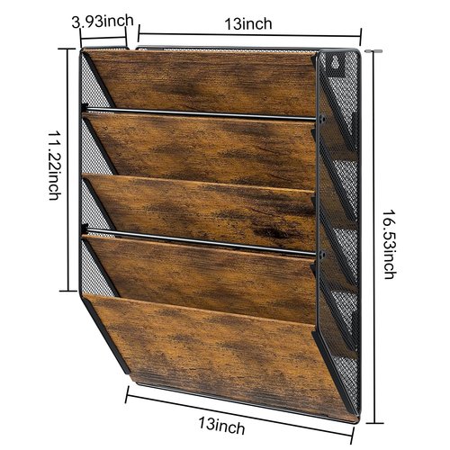 PAG Wall File Organizer for Office, 5-Tier Rustic Hanging File holder Wall Storage Rack for Documents/Magazine/Literature/File Folders/Mails/Envelopes, Brown