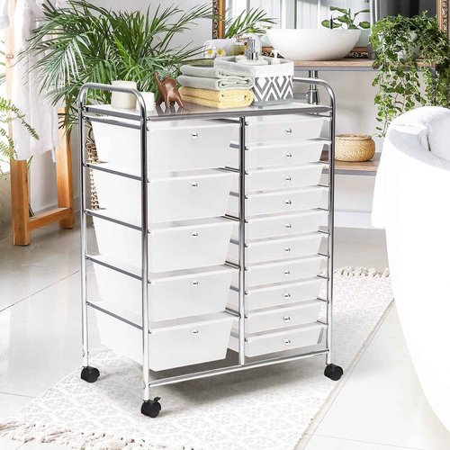 BETTARY 15 Drawer Rolling Cart, Tools Scrapbook Paper Organizer w/Removable Drawers & 4 Universal Wheels, Multipurpose Lightweight Cart for Supermarket, School, Office, Home Compact Space (Clear)