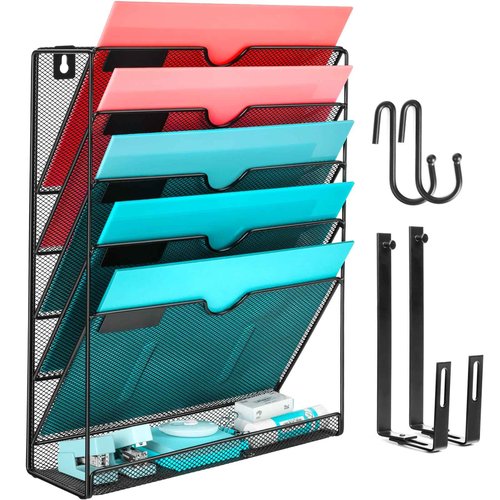GALASALA Wall File Organizer, 10 Pockets and 6 Pockets Mesh Hanging File Organizer, Wall Mount File Holder With Hooks, Wall Organizer Magazine Rack for Office Supplies