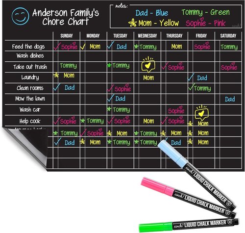 Cinch Magnetic Dry Erase Board - Family Chore Chart with 6 Markers | 17x12 Black Fridge Organizer