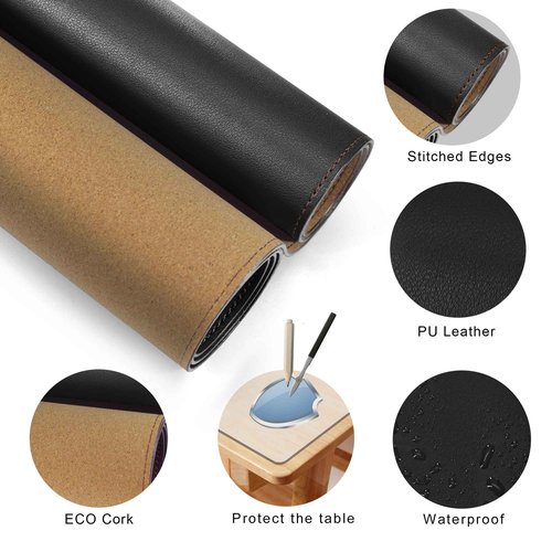 MAIDERN 59”x 19.6” Leather Desk Pad, Large Desk Mat, Reversible Cork & Leather Large Mouse pad for Desk, Waterproof Computer Desk Pad for Gaming Home Office (Black) …