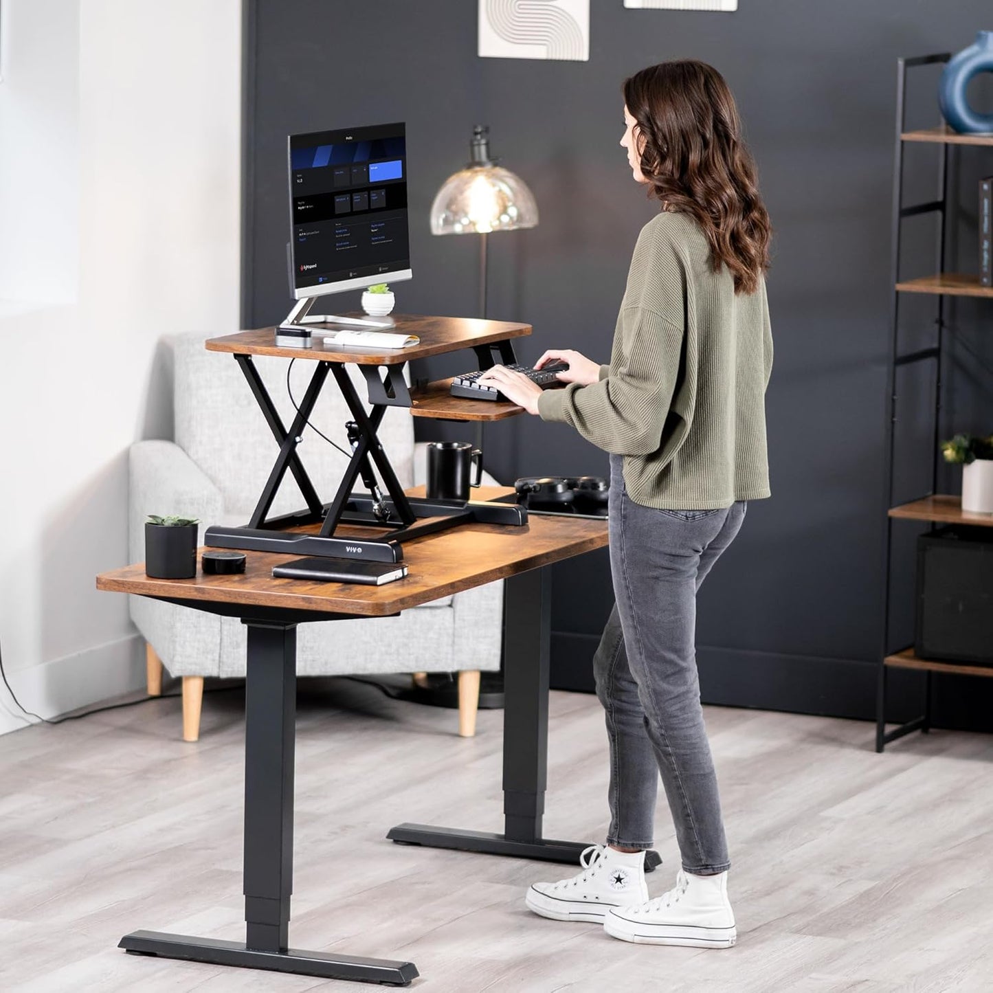 VIVO Height Adjustable Sit to Stand Desk Converter - 28 Inch Rustic Vintage Brown Top | Dual Monitor Workstation