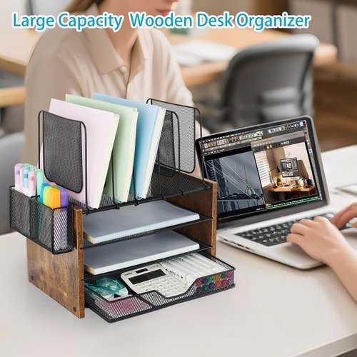 OPNICE Wood Desk Organizers and Accessories, 4-Tier Workspace Desktop Paper Organizer with Drawer, 5 Vertical File Holders and Pen Holder for Office Supplies