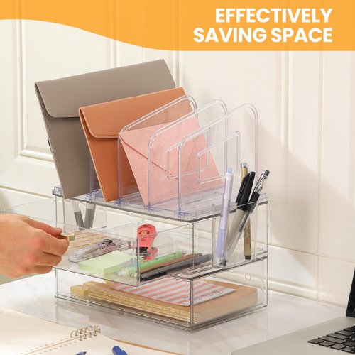 LALOBLUE Acrylic Desk Organizer Set, 2 Pack Stackable Drawer Organizer with 4 Vertical File Sorter and 2 Pen Holders, Desktop Storage for Files, Letter, Documents, Office Supplies, Desk Accessories
