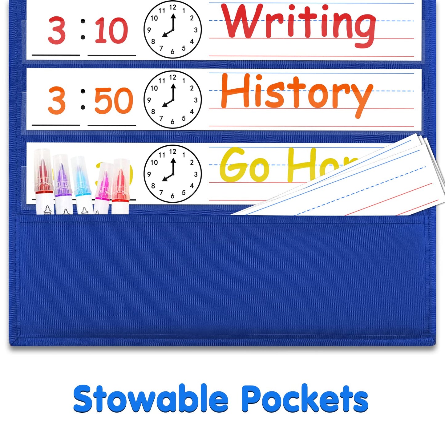 AUVCAS Daily Schedule Pocket Chart – 13+1 Pockets Visual Schedule for Kids with 18 Reusable Dry-Erase Cards & 2 Over-the-Door Hooks for Classroom, School, Home (Blue)
