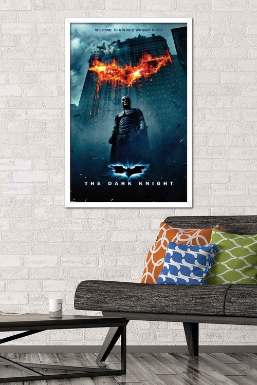 Trends International DC Comics Movie - The Dark Knight - Batman Logo on Fire One Sheet Wall Poster, 22.375" x 34", White Framed Version