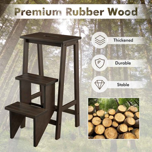 BETTARY 3-Step Folding Wooden Step Stool, Portable Anti-Slip Step Ladder, Foldable Wood Counter Staircase, Multifunctional Flower Shelf & Chair for Kitchen/Garage/Living Room/Library (Brown)