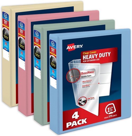 Avery Heavy-Duty View Binders - 1.5 Inch One Touch Slant Rings, 375-Sheet Capacity, Assorted Pastel Colors | 4-Pack for School & Office Organization