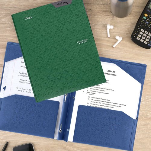 Five Star 2-Pocket Folder, 4 Pack, Plastic Folder with Stay-Put Tabs and Prong Fasteners, Holds 8-1/2" x 11" Paper, Black, Fire Red, Forest Green, Pacific Blue (38048)