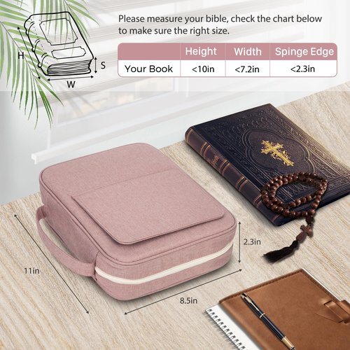 Bible Covers for Men & Women, Bible Case Carrying Church Bag with Book Stand, Bible Bag with Handle, Zipper and Multi-Pockets for Scripture Study Bible Protector (Pink)