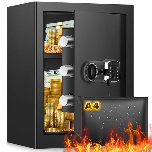 3.5 Cub Home Safe Fireproof Waterproof, Large Fire proof Safe Box with Fireproof Bag, Digital Keypad Key and Removable Shelf, Personal Security Safes for Home Money Jewellery Documents Valuables