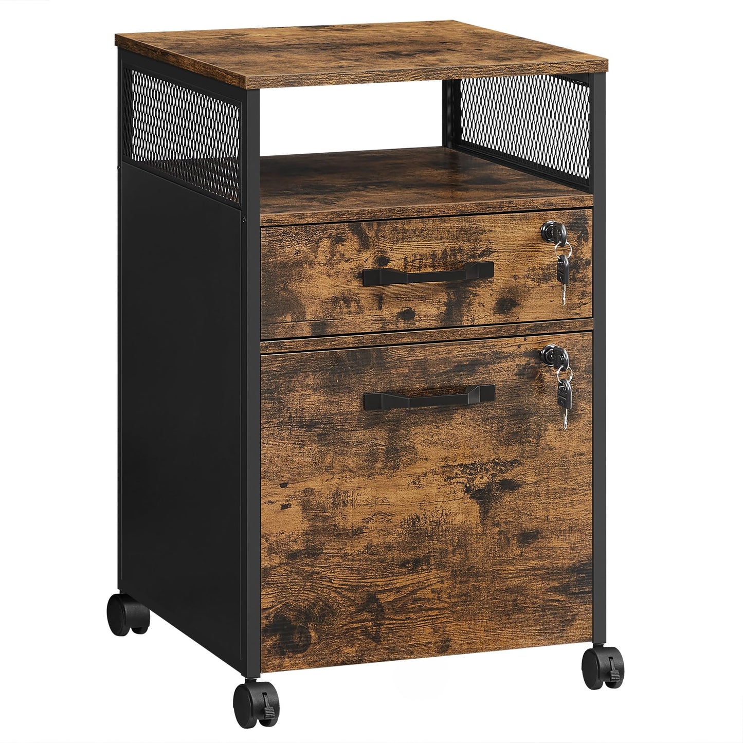VASAGLE File Cabinet, Mobile Filing Cabinet on Wheels, for Home Office, 2 Lockable Drawers, for A4, Letter-Size Hanging File Folders, Open Shelf, Steel Frame, Rustic Brown and Ink Black UOFC077B01