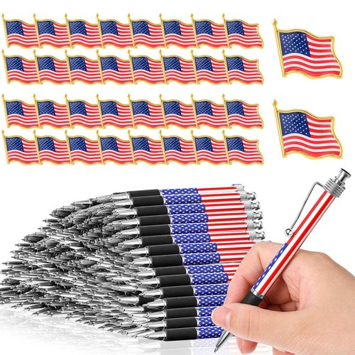 Qeeenar 200 Pcs Veterans Day Supplies include 100 Pcs Patriotic American Flag Lapel Pins and 100 Pcs USA Patriotic Themed Ballpoint Pen 1.0mm Independence Day for Home School Office Party