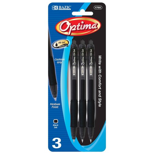 BAZIC Optima Black Retractable Oil-Gel Pen w/Grip (3/Pack)(Case of 24)