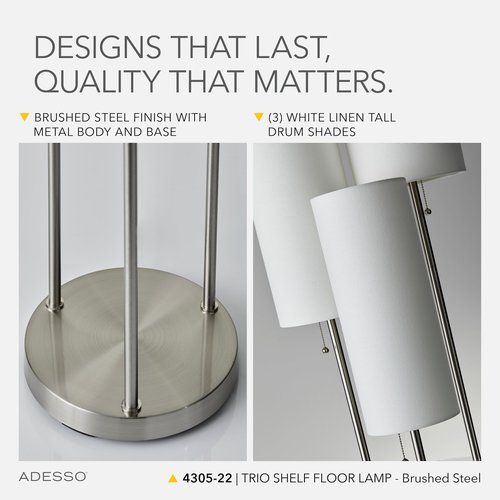 Adesso Trio Floor Lamp with Three Pull Chain Lights and Two-Tier Storage, Brushed Steel Base, White Linen Shades, 68” Tall, Enhances Room Decor and Lighting