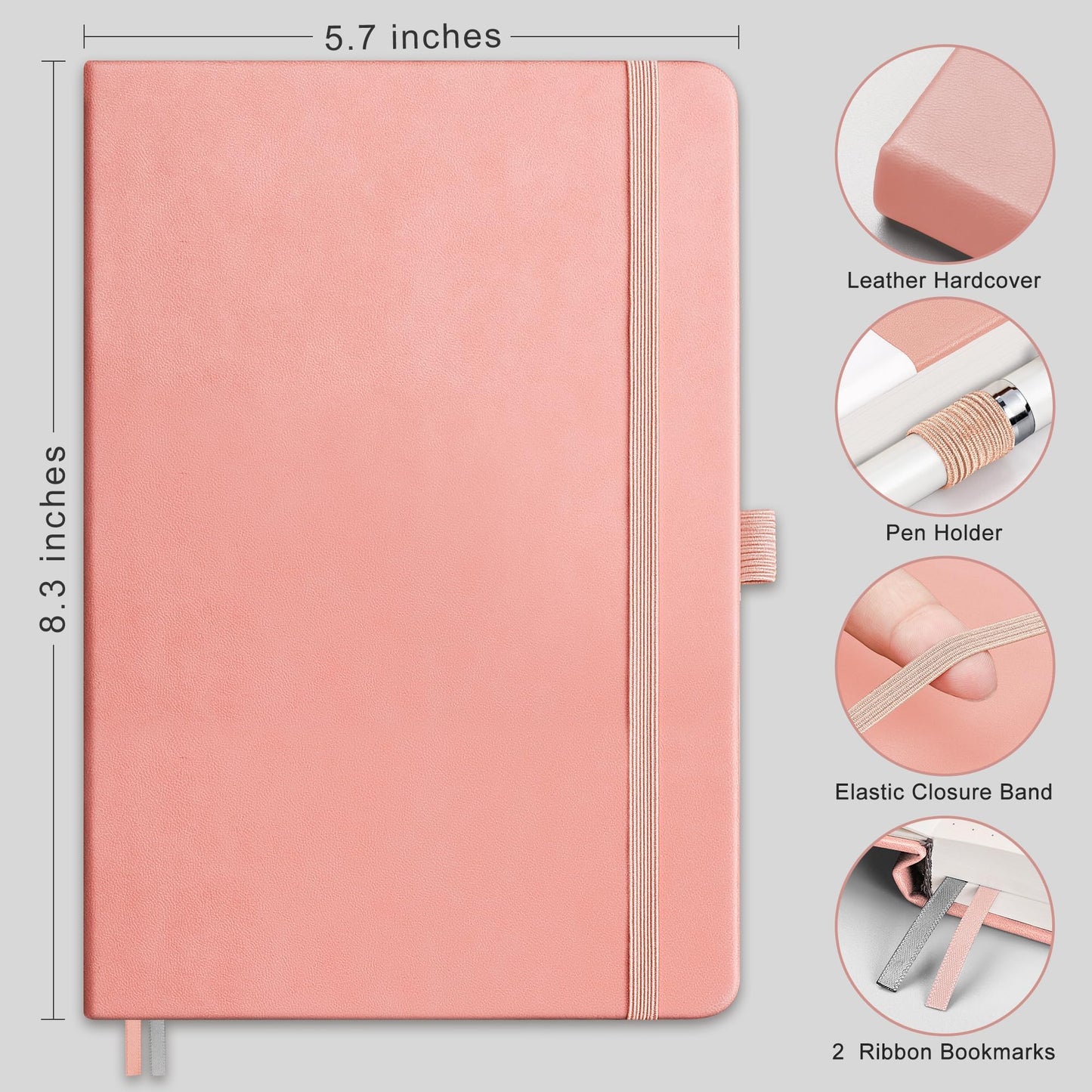 RETTACY Blank Journal Notebook, 192 Pages, A5 Medium Size (5.7'' x 8.3''), Leather Hardcover, 100 GSM Thick Paper, for Sketching, Drawing, Painting (Pink)