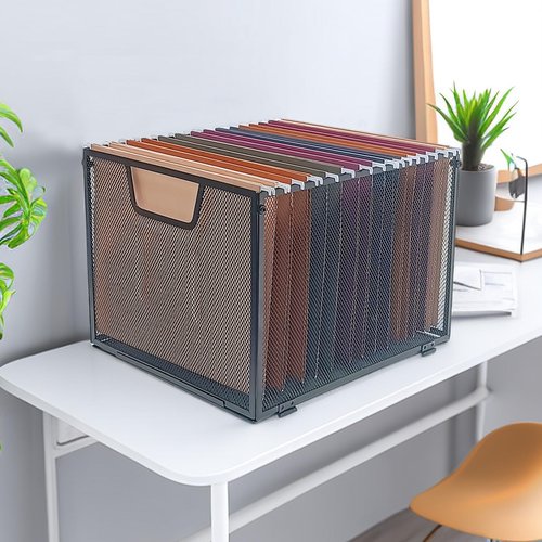 SREGGSIY Modern Black Metal Mesh Hanging File Organizer, Office/School/Home File Crate, 13.8 x 12 x 10 inches