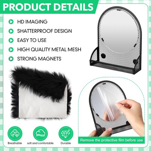 AmazingSpark 5 Pcs Locker Shelf Organizer and Accessories Back to School Essentials Includes 1 Magnetic Mirror with Bottom Tray, 2 Pen Holders, 1 Locker Metal Grid Rack, 1 Faux Fur Mat(Black)