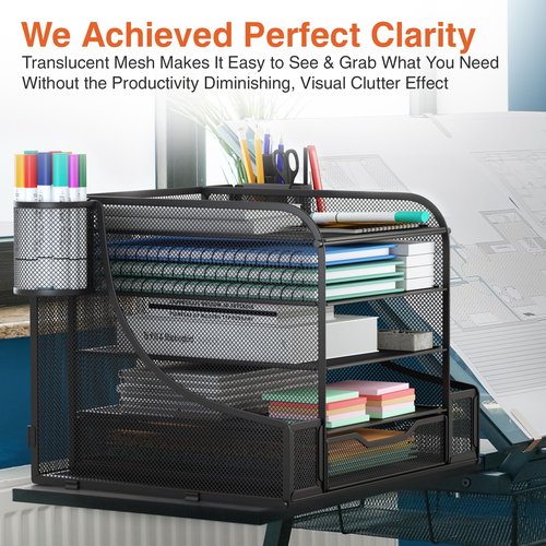 EVOOMI 5 Tier Mesh Desk Organizer PLUS - The Upgraded Time, Space & Sanity Saving Desktop Organizer System for Productivity Success - Ideal Pencil File Paperclip Post It Holder Mail Folder Organizer