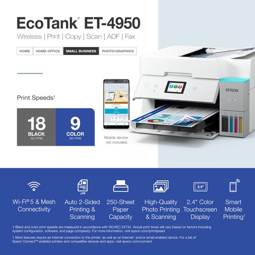 Epson EcoTank ET-4950 Wireless All-in-One Color Supertank Printer with up to 3 Years of Ink, Refillable Tanks, Perfect for Office, 18 PPM, 2.4" Color Touchscreen, Auto Document Feeder – White