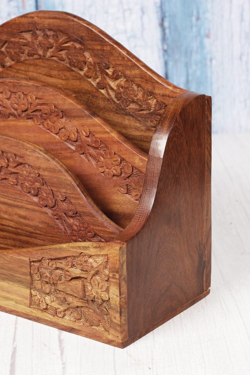 ARTISENIA Handmade Wooden Mail Organizer Letter Rack Wooden Magazine Holder Wooden Desk Organizer 3 Self Brass Inlay 12 Inch Remote Letter Holder