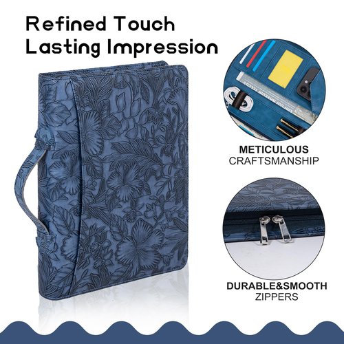 Embossed Padfolio Portfolio PU Leather Binder,3 Ring Binder,with Pad Holder, A4/Letter Size,Phone Pocket, Card Slots and Pen Loops（Dark Blue）