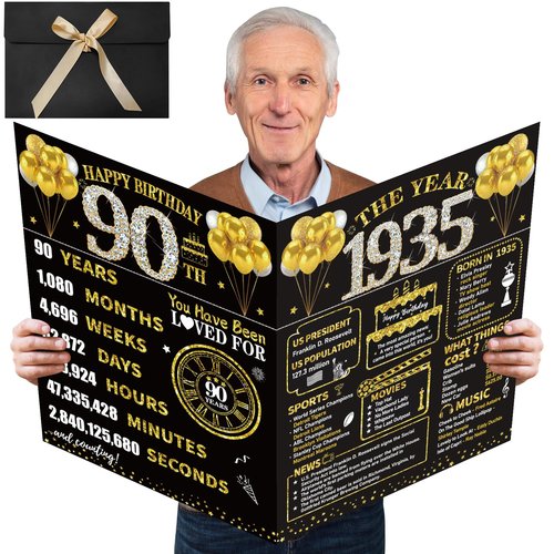 Kuxriox Large 90th Birthday Card With Envelope, Black Gold Happy 90th Birthday Giant Guest Book Gifts for Men Women, Giant Ninety Bday Card Gifts Party Supplies, The Year 1935 Jumbo 90 Bday Card