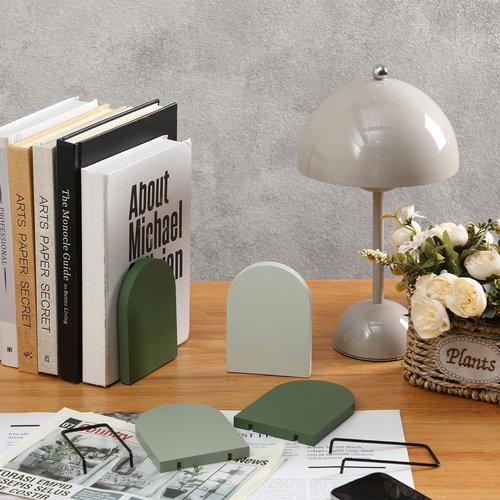 Honoson 4 Pcs Boho Wood Bookends Back to School Sage Green Wooden Book Stands Decorative Non Skid Book Stoppers for Books Cds Videos Albums Office Desktop Shelves