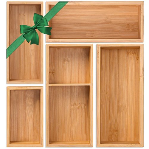 Bamboo Drawer Organizer 5 Pcs for Kitchen Multi-purpose Storage Dividers for Kitchen, Office, Jewelry, Cosmetics, Wooden Drawer Dividers for Drawer Organizer Desk Organizer Gift for Women Gifts Idea