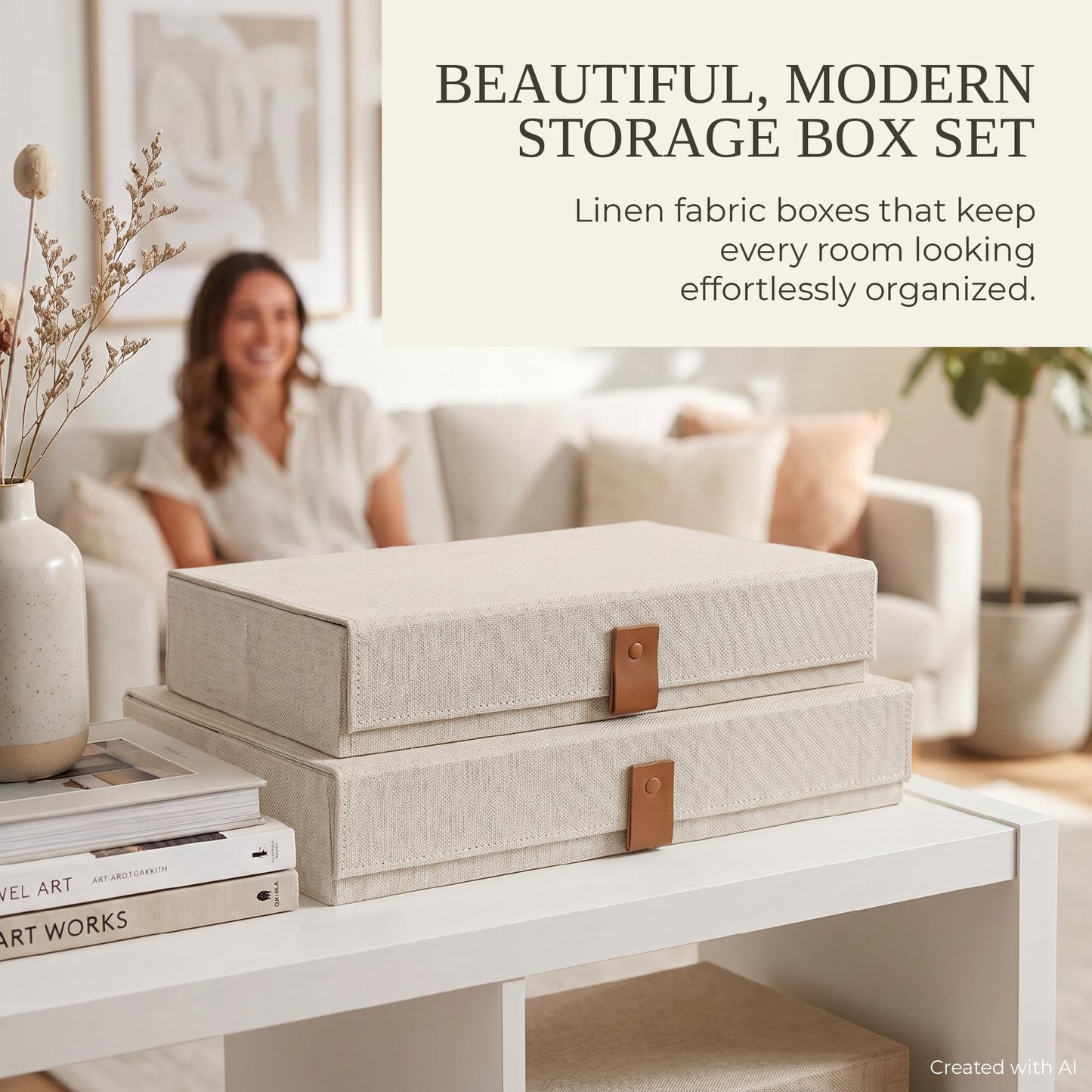 Decorative Photo Storage Boxes with Lids - Set of 2 Beautiful Linen Organizers Are Perfect to Safely Store Your Pictures, Documents, Scrapbooking Supplies, Keepsakes and Other Memories in Style