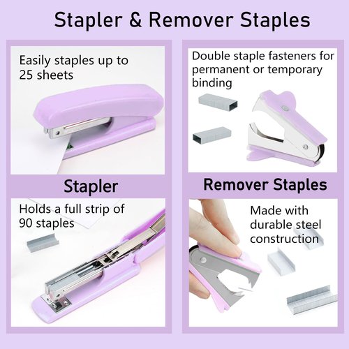 yuun Desk Organizers and Accessories, Purple Office Organizer for Women Storage with Stapler, Tape Holder, Clips Set, Staple Remover, Scissor, Pen Holder, Ruler, Pen, Staples and Transparent Glue