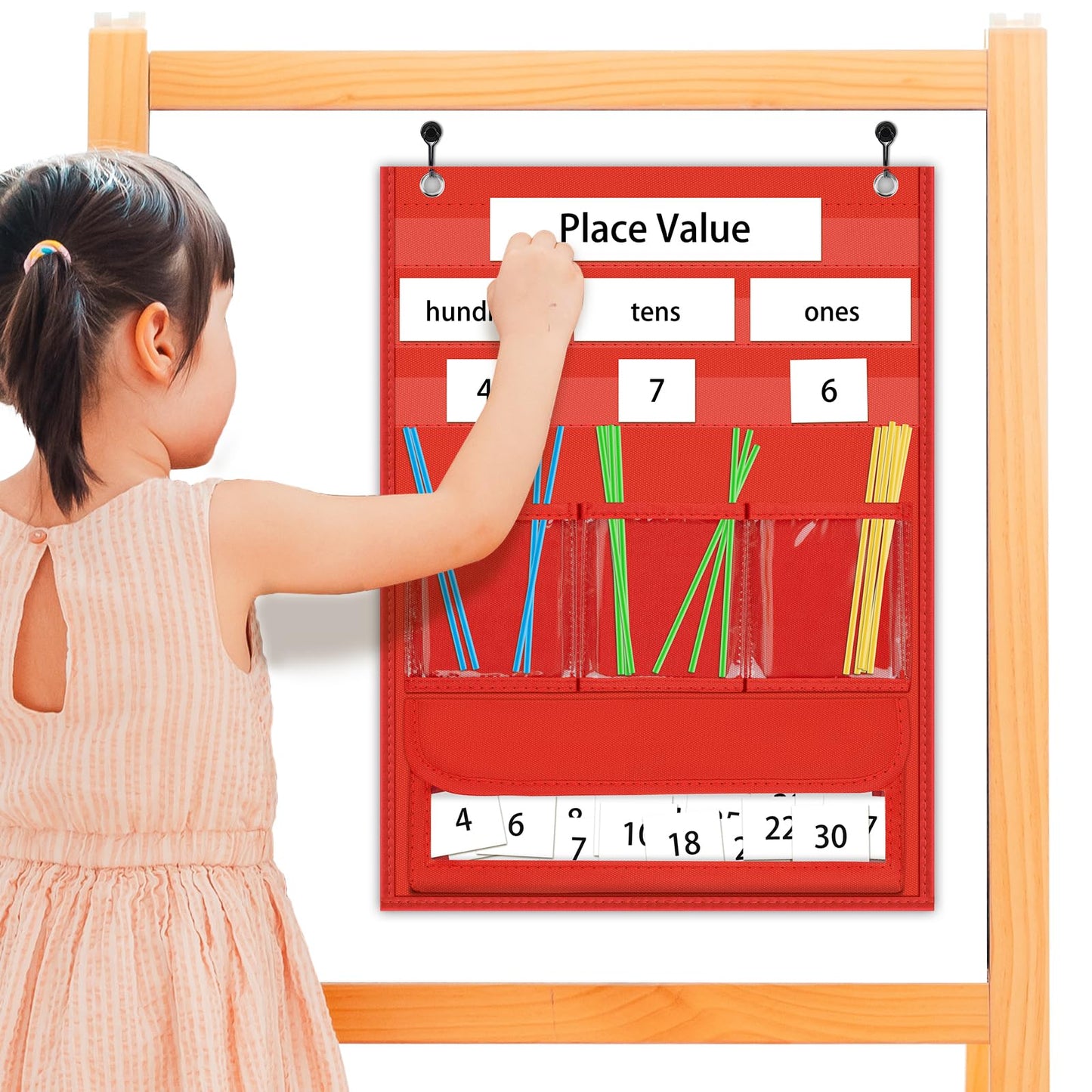 AUVCAS Place Value Pocket Chart & Counting Caddie - Math Manipulatives for Kindergarten, Preschool & Homeschool Classroom (Includes 210 Straws, 30 Number Cards & 4 Headers) - Red