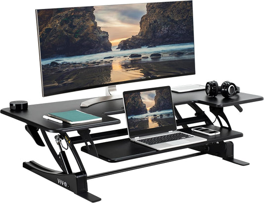VIVO Height Adjustable Stand Up Desk Converter - 48 Inch Dual Monitor Riser Workstation, Black | V Series