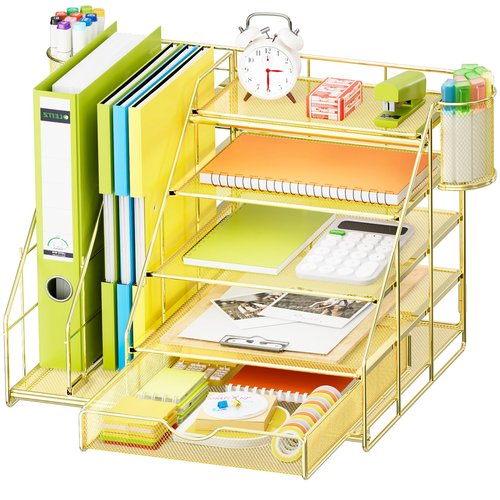 Marbrasse Desk Organizer with File Holder, 5-Tier Desk Organizer and Accessories with Drawer and 2 Pen Holders, Mesh Paper Letter Tray, Desktop Storage for Office Supplies (Gold)