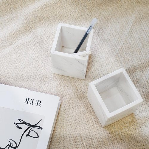 SIRIZEN-DIVING Marble Pen Holder, White Stone, Rectangular Desktop Organizer for Office Study (white)