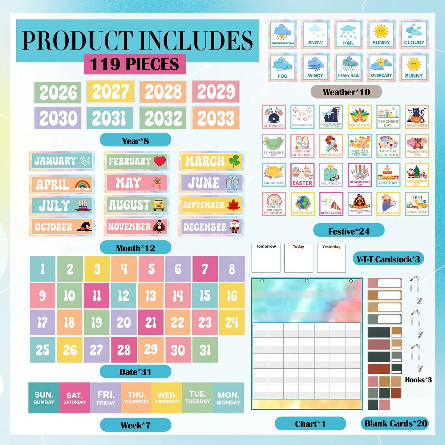 Tinlade Classroom Calendar Pocket Chart Set with 115 Cards 24 x 28 Inch Rainbow Pastel Calendar Bulletin Board Pocket 2026-2033 Festival Weather Teacher Supplies for Back to School Wall Decoration