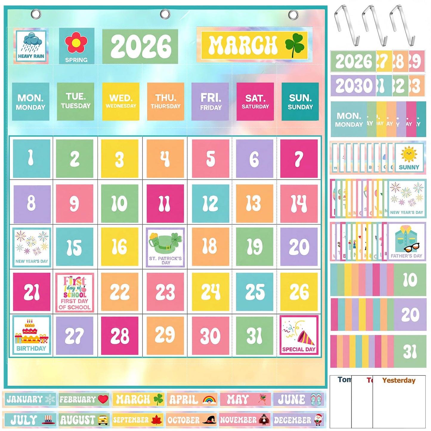 Tinlade Classroom Calendar Pocket Chart Set with 115 Cards 24 x 28 Inch Rainbow Pastel Calendar Bulletin Board Pocket 2026-2033 Festival Weather Teacher Supplies for Back to School Wall Decoration