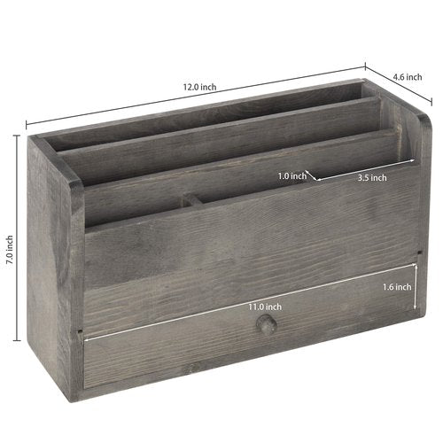 MyGift Rustic Gray Solid Wood Office Desk Supplies and Stationery Organizer, 5 Slot Wooden Desktop Mail Sorter, Document and Magazine Holder with Pull Out Drawer