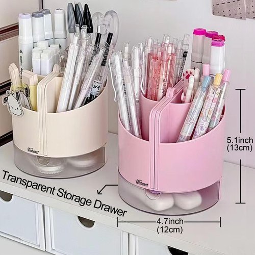 Pencil Pen Holder for Desk with Calculator, Mirror, 7 Slots 180° Opening, Desk Organizers and Accessories, Desktop Storage Stationery Supplies for Office, School, Home, Art Supply, Gifts(Pink)