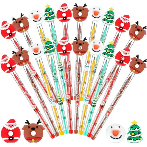 Qilery 100 Pcs Christmas Pencils Multi Point Stackable Push Pencils Christmas Plastic with Silicone Santa Xmas Tree Deer and Snowman for School Reward Party Favor Children New Year Supply